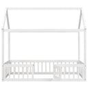Twin Size Wood House Bed with Fence and Door, White Wash