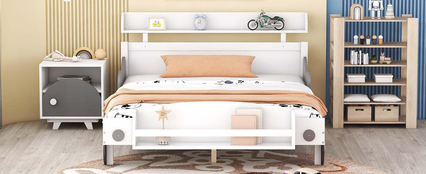 Full Size Car-Shaped Platform Bed,Full Bed with Storage Shelf for Bedroom,White - Atlantic Fine Furniture Melbourne FL