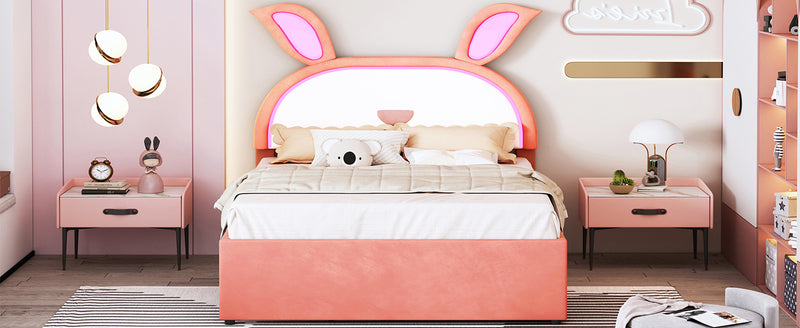 Full Size Upholstered Platform Bed with Trundle and 3 Drawers, Rabbit-Shaped Headboard with Embedded LED Lights, Pink