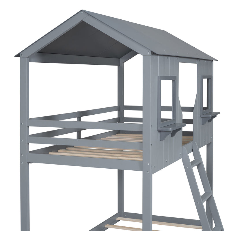 78" Twin Over Twin Bunk Bed Wood Bed With Roof, Window, Guardrail, Ladder - Gray