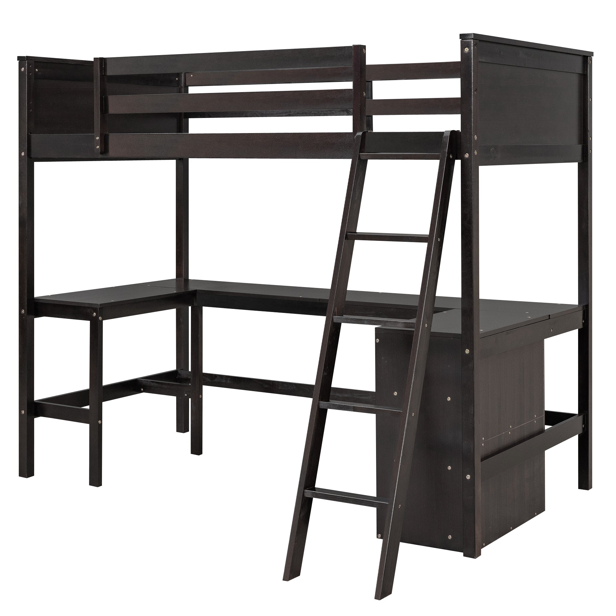Twin size Loft Bed with Shelves and Desk, Wooden Loft Bed with Desk - Espresso(OLD SKU:LT000537AAP) - Atlantic Fine Furniture Melbourne FL
