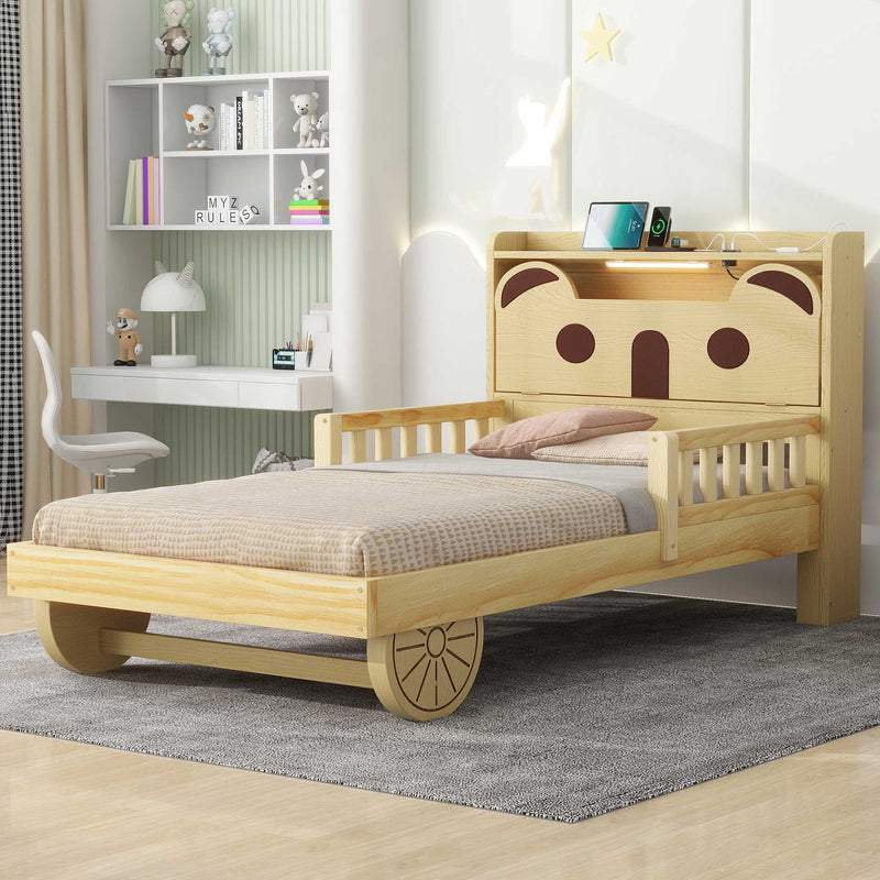 Twin Size Car Bed With Bear-Shaped Headboard, USB And LED , Natural