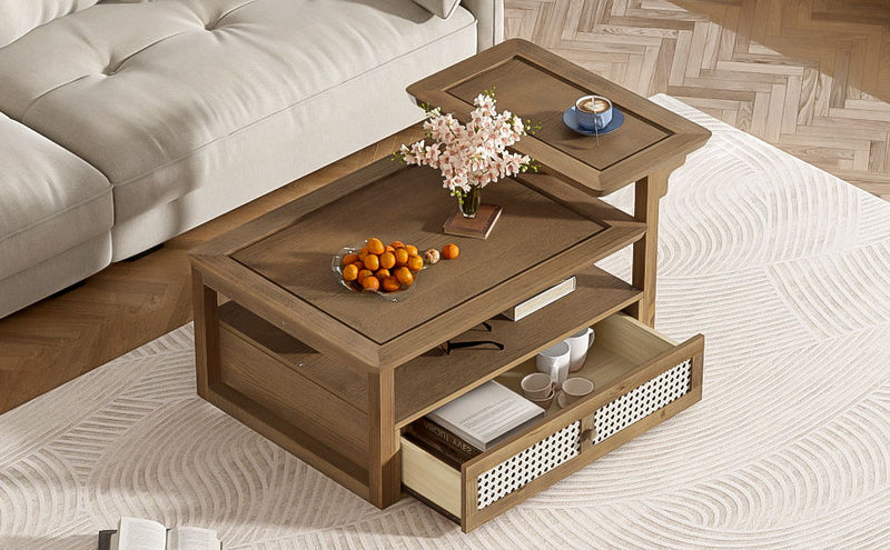 Coffee Table With 1 Storage Shelf, 2 Tabletops And 1 Rattan Drawer