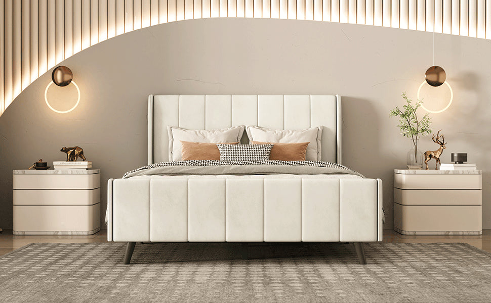 Full Size Upholstered Platform Bed, Velvet, Beige - Atlantic Fine Furniture Melbourne FL