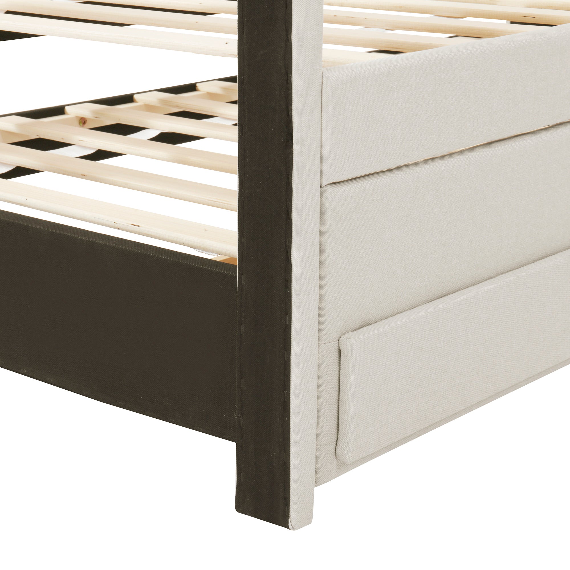Twin Size Upholstered Platform Bed with Trundle and 3 Drawers, Linen Fabric, Beige - Atlantic Fine Furniture Melbourne FL