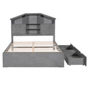 Full Size Wood Platform Bed with House-shaped Storage Headboard and 2 Drawers, Gray
