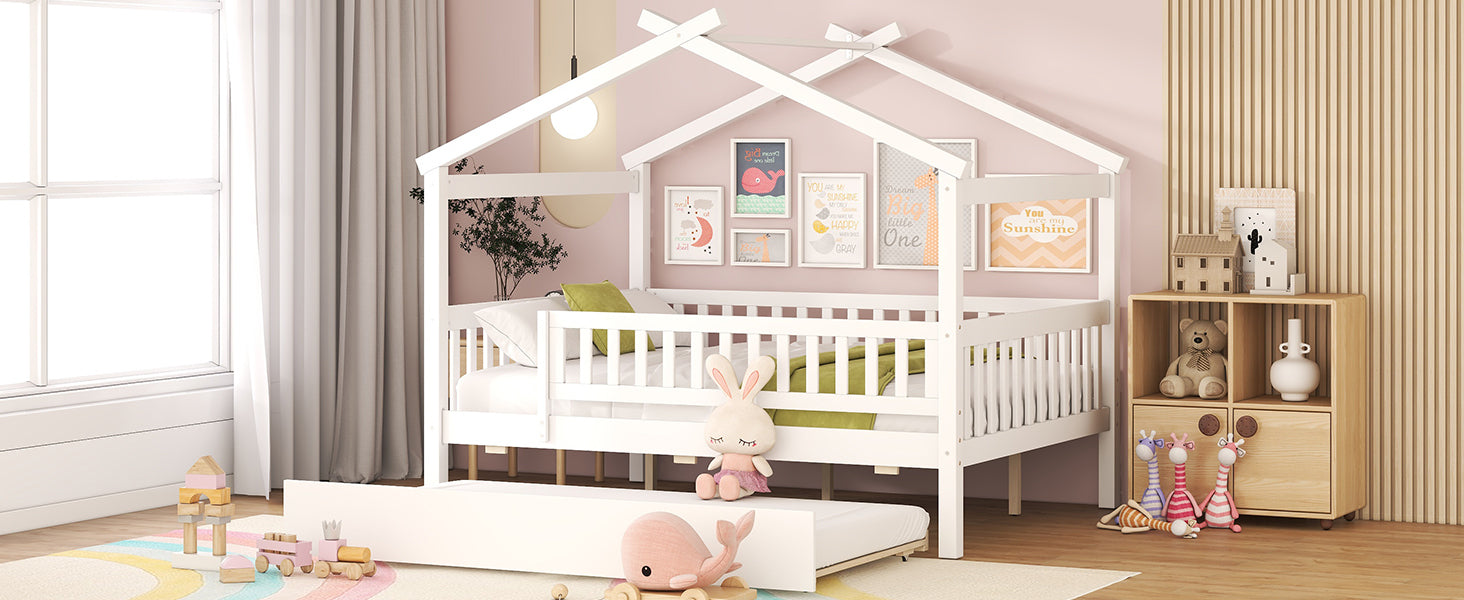 Full Size Wooden House Bed with Twin Size Trundle, White - Atlantic Fine Furniture Melbourne FL