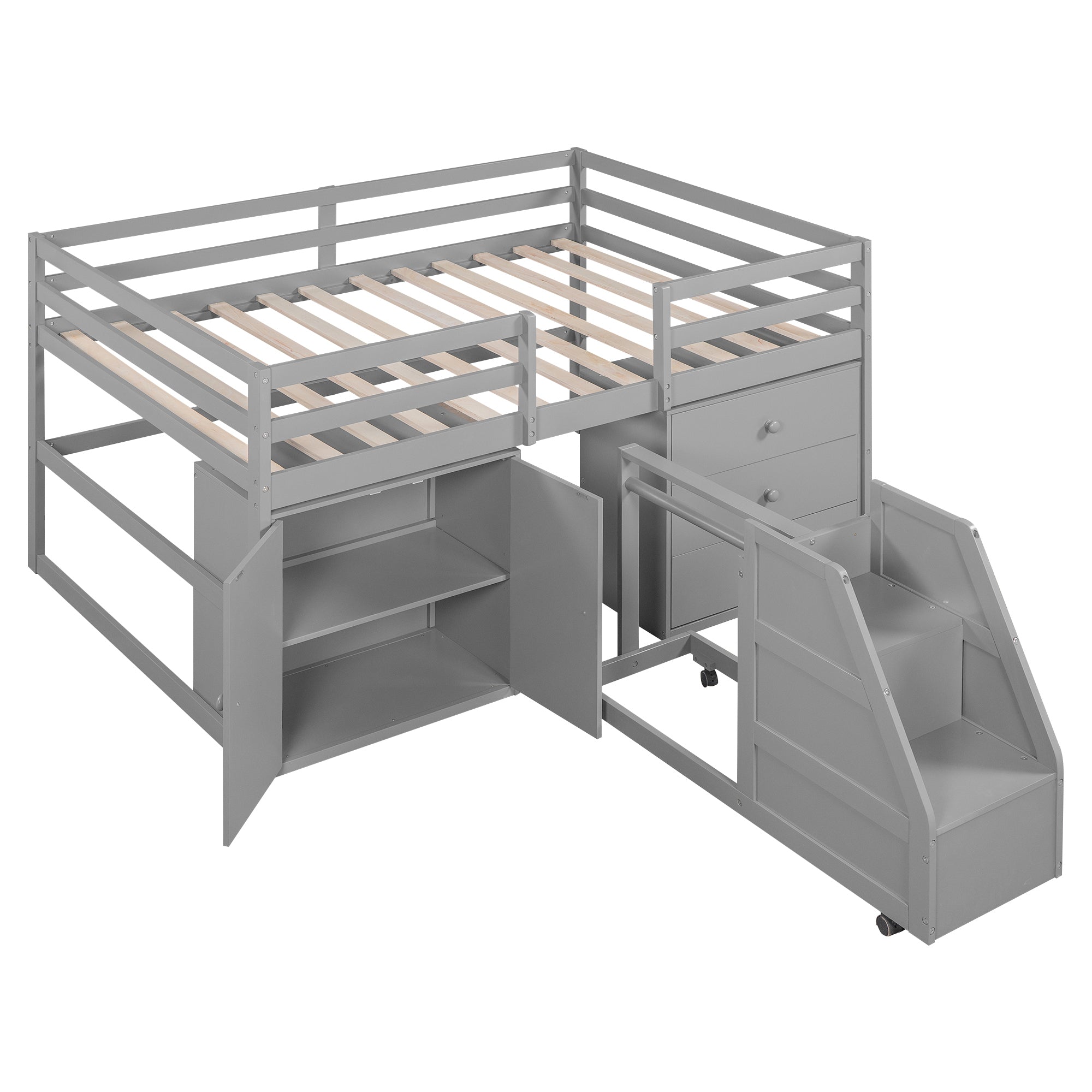 Full Size Functional Loft Bed with Cabinets and Drawers, Hanging Clothes at the back of the Staircase, Gray - Atlantic Fine Furniture Melbourne FL