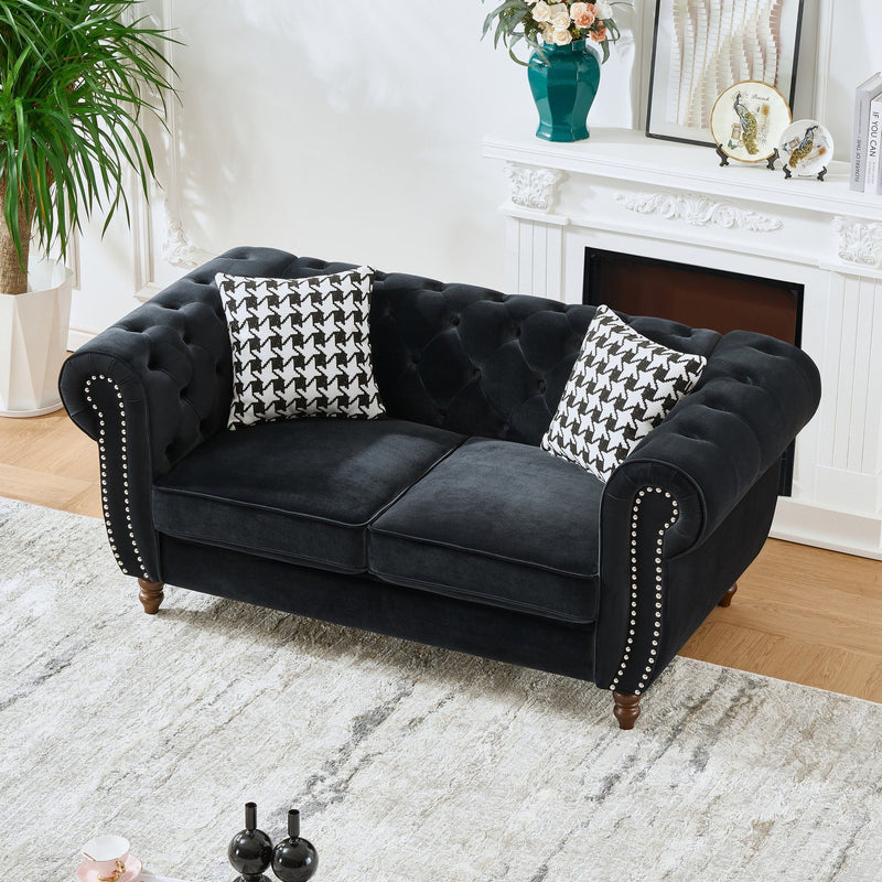 Chesterfield Velvet Upholstery Fabric Loveseat With Roll Armrest And Nailhead