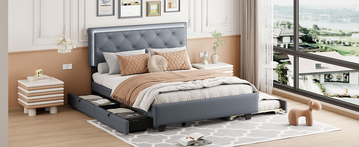 Queen Size  Velvet Storage Platform Bed, with 2 Big Drawers, Twin XL Size Trundle and LED Light, Gray