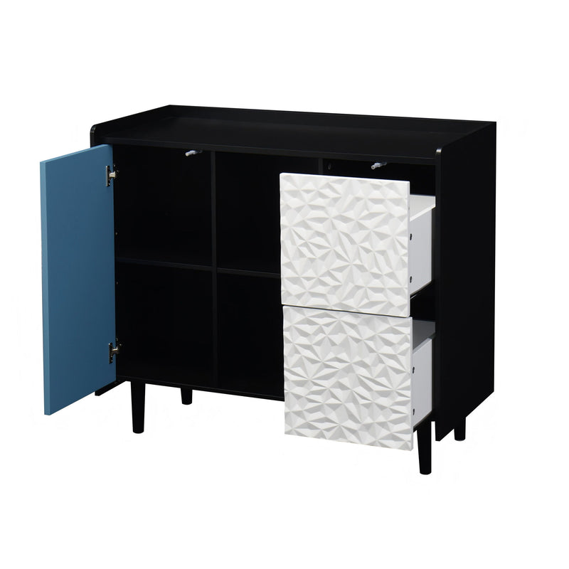 Modern Sideboard Buffet Cabinet With Red Doors And Unique Panel Styling