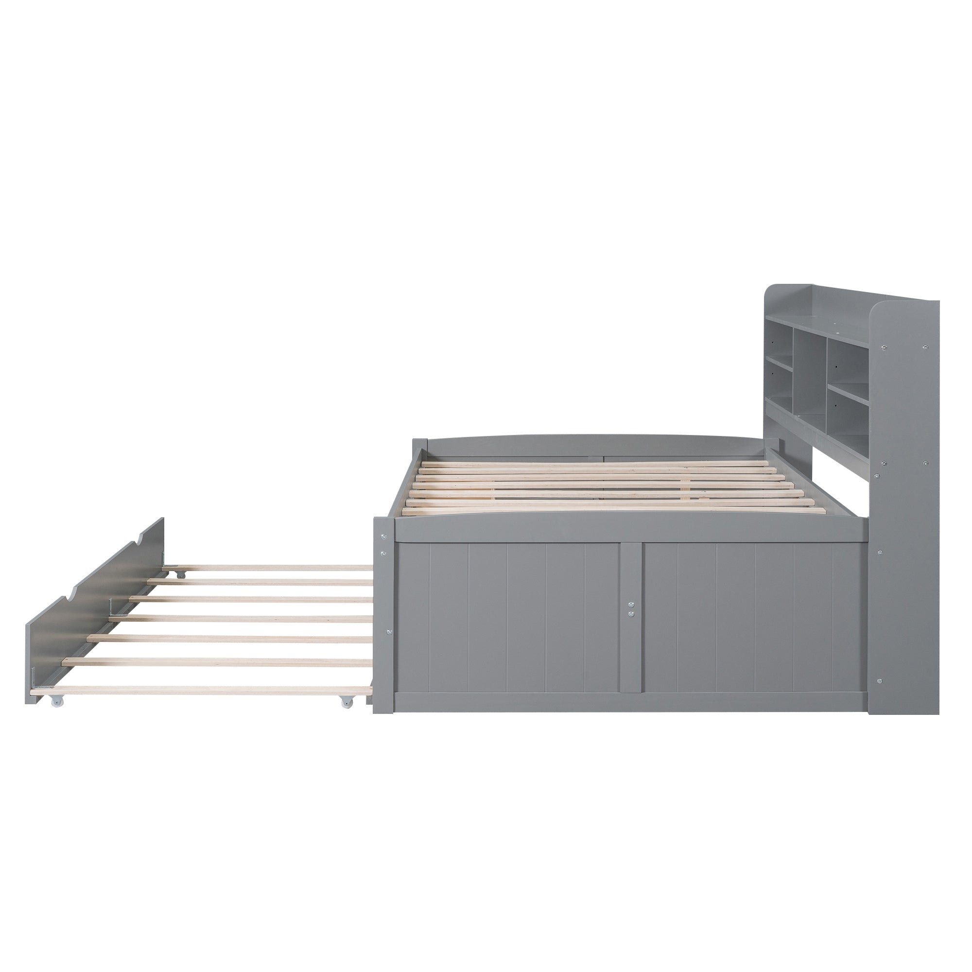 Full Size Wooden Captain Bed with Built-in Bookshelves,Three Storage Drawers and Trundle,Light Grey - Atlantic Fine Furniture Melbourne FL