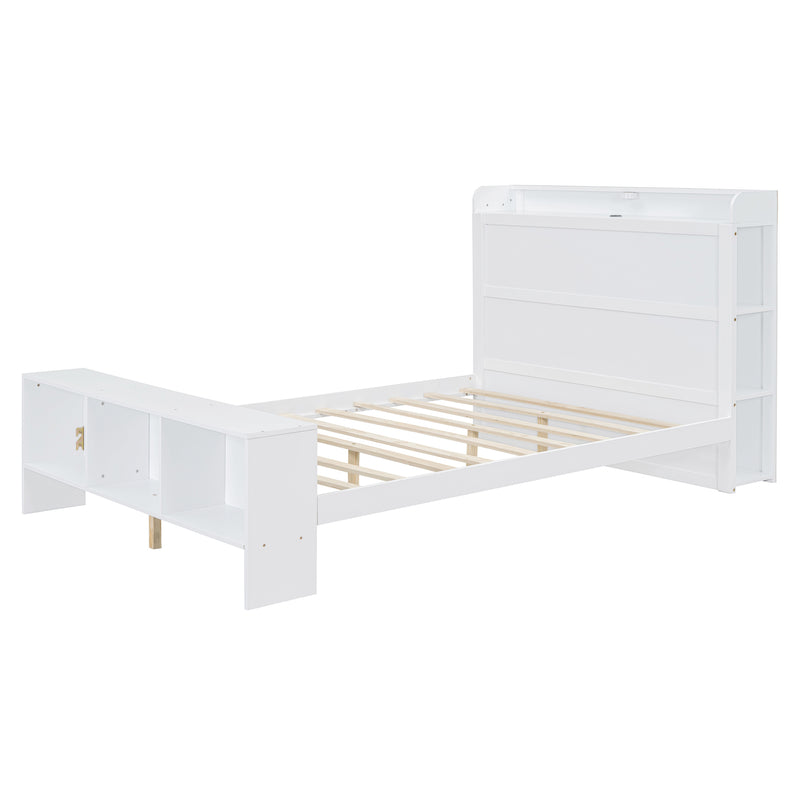 Full Size Platform Bed with built-in shelves, LED Light and USB ports, White