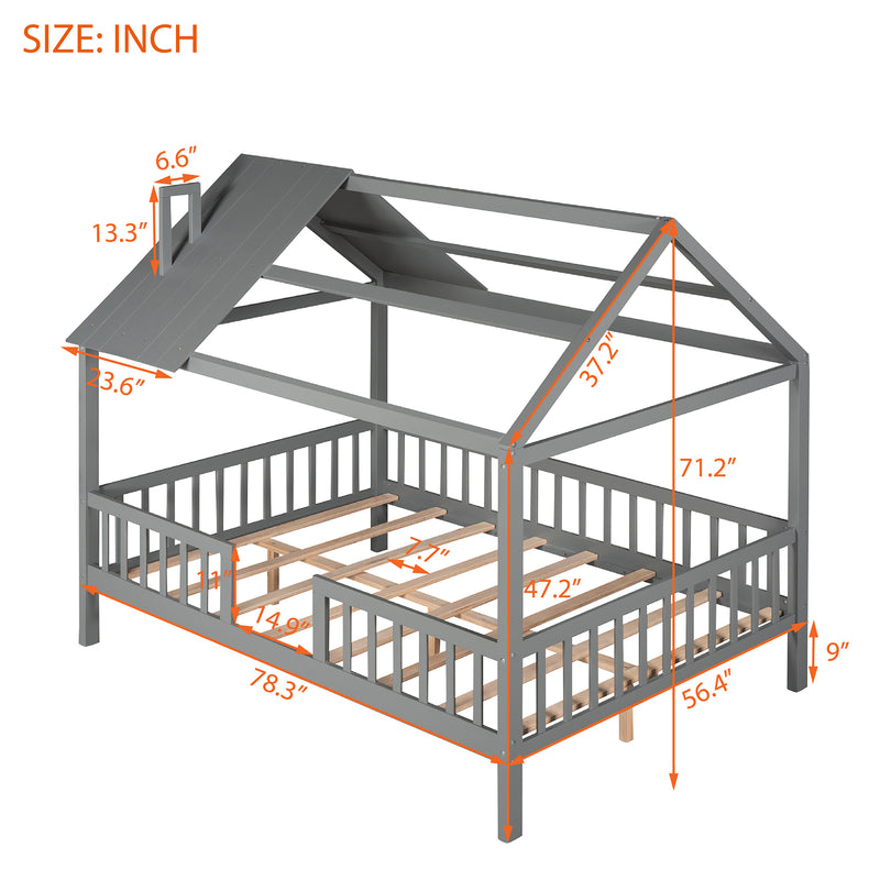 Full Size Wood House Bed with Fence, Gray