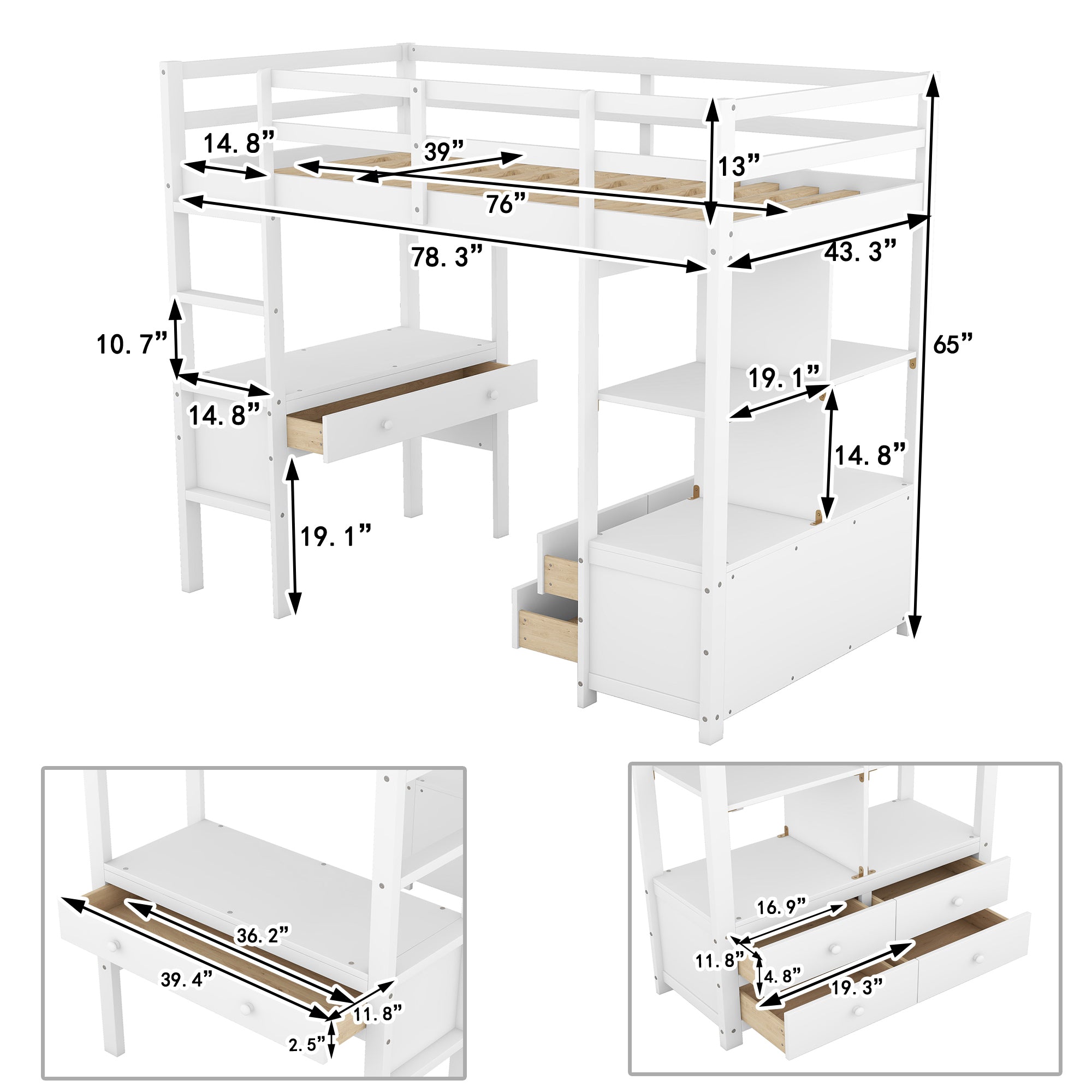 Twin  Size Loft Bed with Built-in Desk with Two Drawers, and Storage Shelves and Drawers,White - Atlantic Fine Furniture Melbourne FL