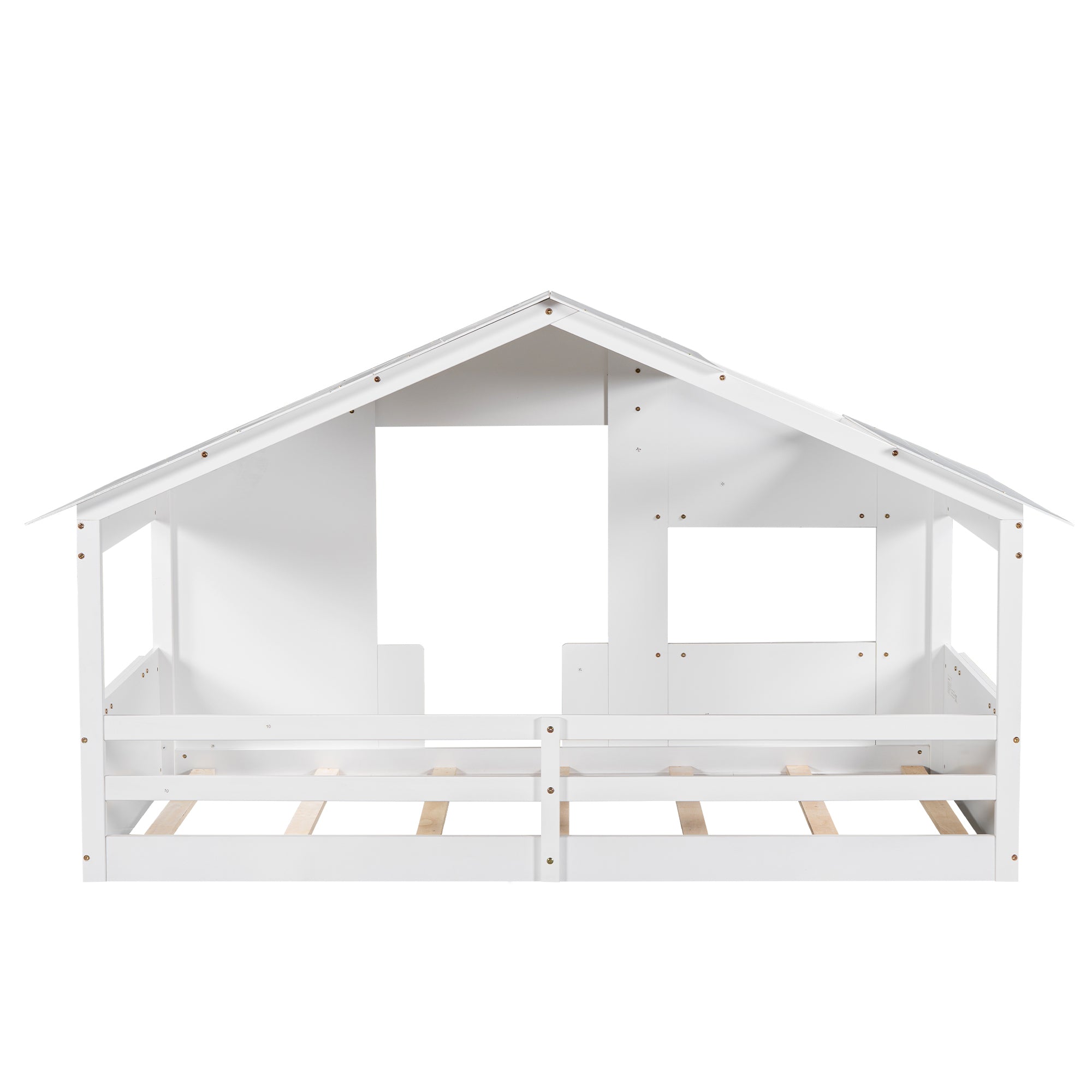 Wood Twin Size House Bed with Roof, Window and Guardrail, White - Atlantic Fine Furniture Melbourne FL