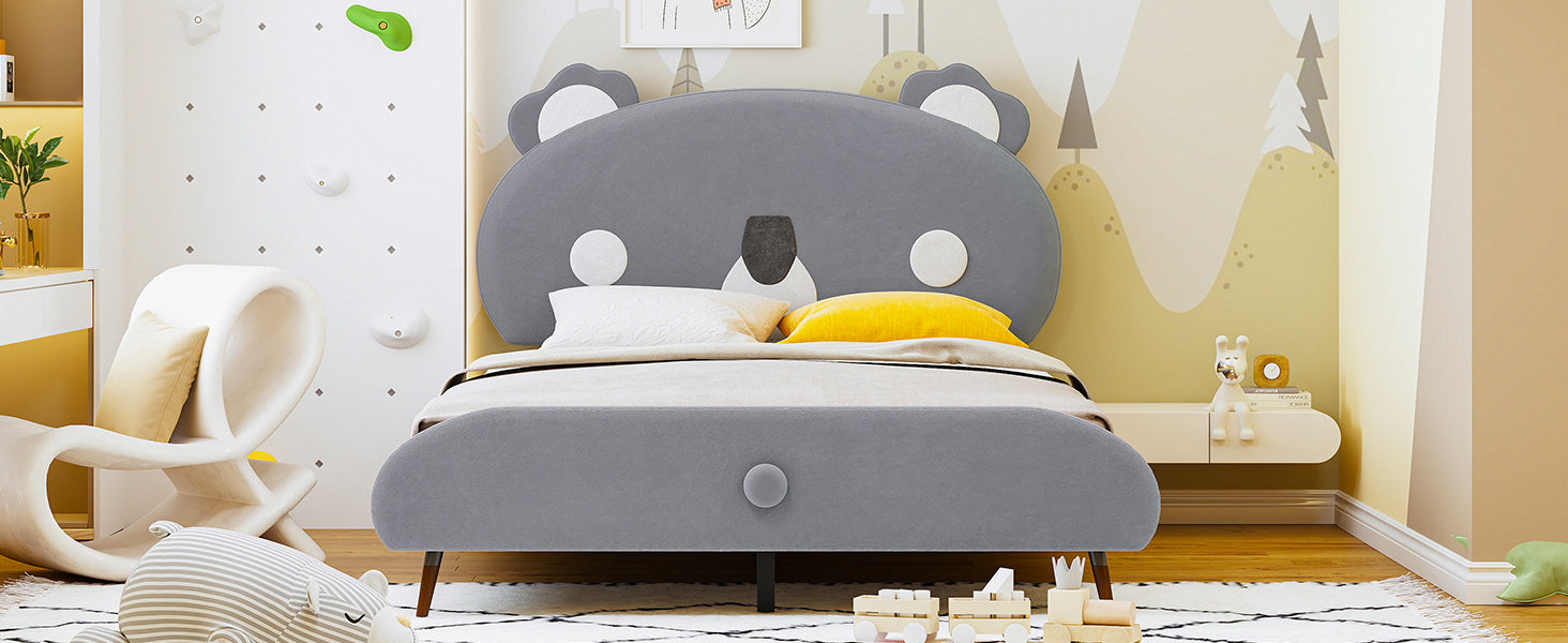 Full Size Upholstered Platform Bed with Koala-Shaped Headboard, Gray - Atlantic Fine Furniture Melbourne FL
