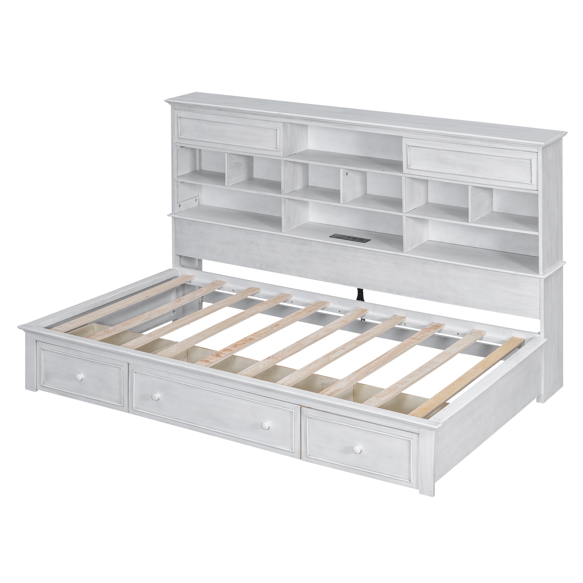 Twin Size Wood Daybed with Multi-Storage Shelves, Charging Station and 3 Drawers, Antique White - Atlantic Fine Furniture Melbourne FL
