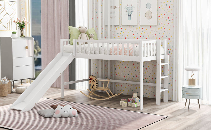 Twin Size Low Loft Bed with Ladder and Slide,White(OLD SKU:WF196418AAK)