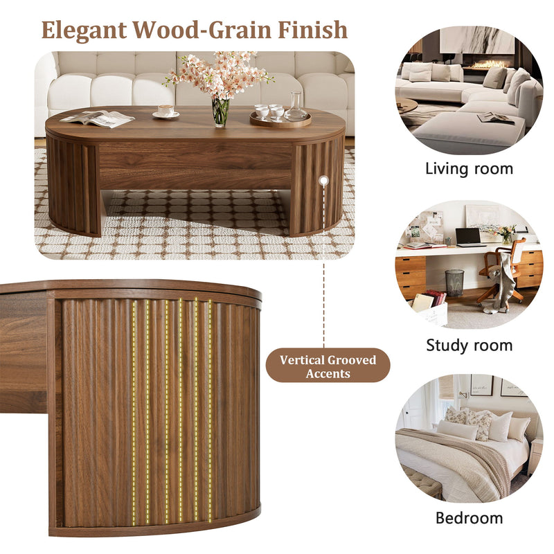 Lift Top Coffee Table With Hidden Compartment, Partially Assembled Wooden Center Table, Modern Oval Lift Tabletop For Home Living Room - Brown