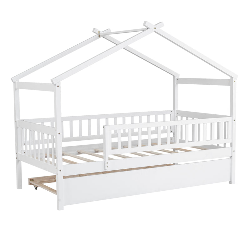 Twin Size Wooden House Bed with Twin Size Trundle, White