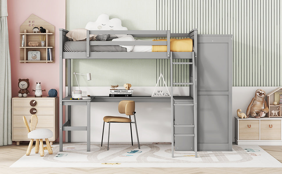 Twin size Loft Bed with Desk, Shelves and Wardrobe-Gray - Atlantic Fine Furniture Melbourne FL