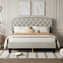 Queen size Adjustable Headboard with Fine Linen Upholstery and Button Tufting for Bedroom,  Wave Top  cream White