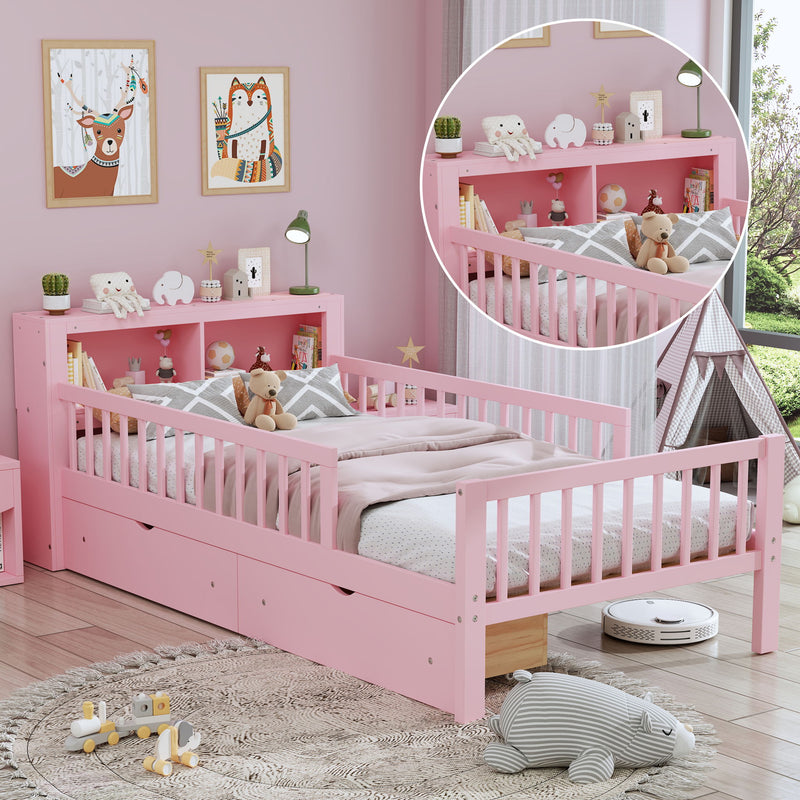 Bed With Headboard Storage Rack, 2 Under Bed Drawers, 3 Side Guardrails For Safety