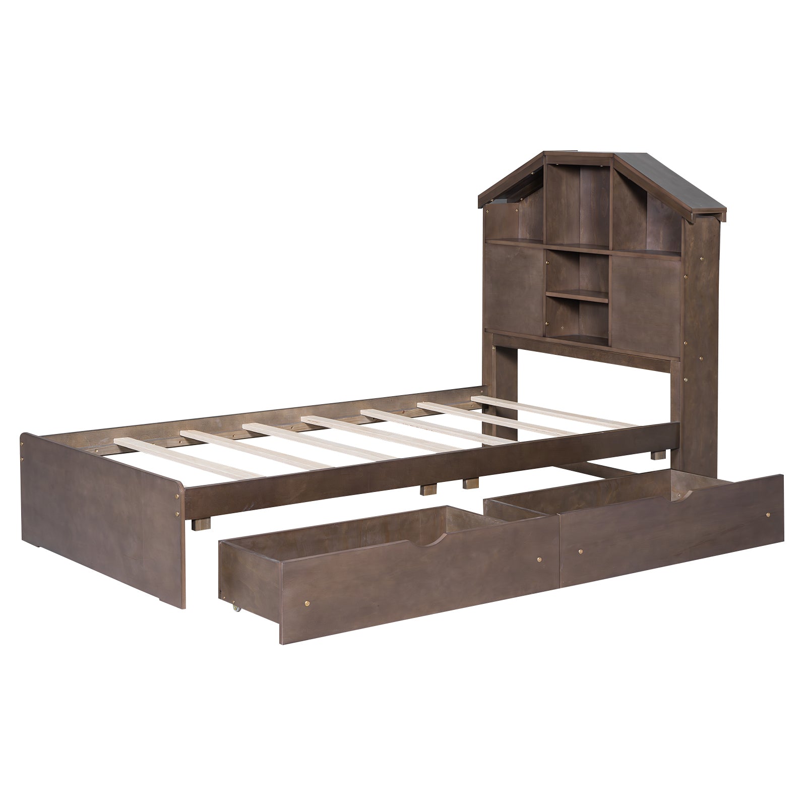 Twin Size Wood Platform Bed with House-shaped Storage Headboard and 2 Drawers, Walnut - Atlantic Fine Furniture Melbourne FL