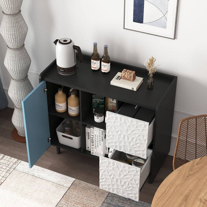 Modern Sideboard Buffet Cabinet With Red Doors And Unique Panel Styling