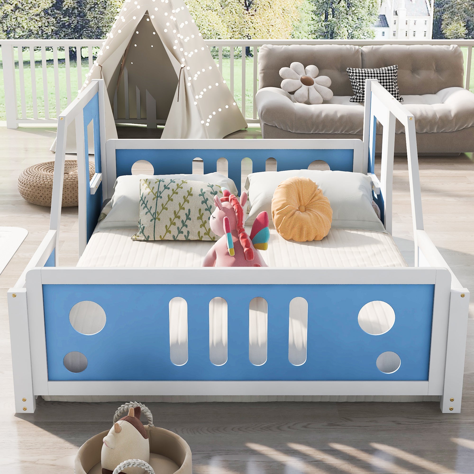 Full Size Classic Car-Shaped Platform Bed with Wheels,Blue - Atlantic Fine Furniture Melbourne FL
