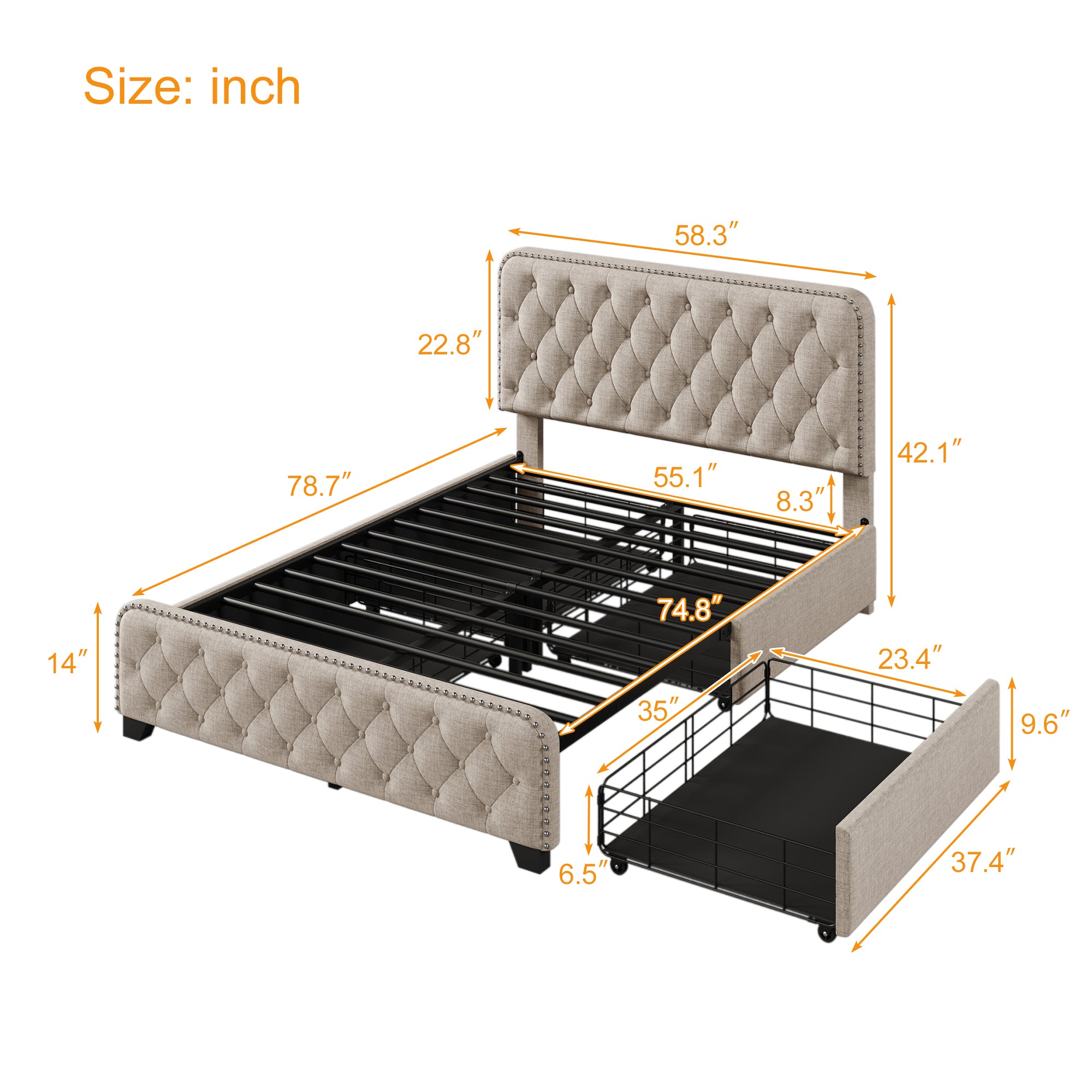 Upholstered Platform Bed Frame with Four Drawers, Button Tufted Headboard and Footboard Sturdy Metal Support, No Box Spring Required, Beige, Full (Old sku:BS300281AAA) - Atlantic Fine Furniture Melbourne FL