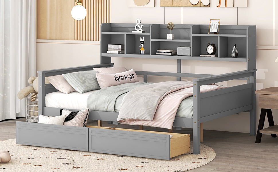 Full size Daybed, Wood Slat Support, with Bedside Shelf and Two Drawers, Gray - Atlantic Fine Furniture Melbourne FL