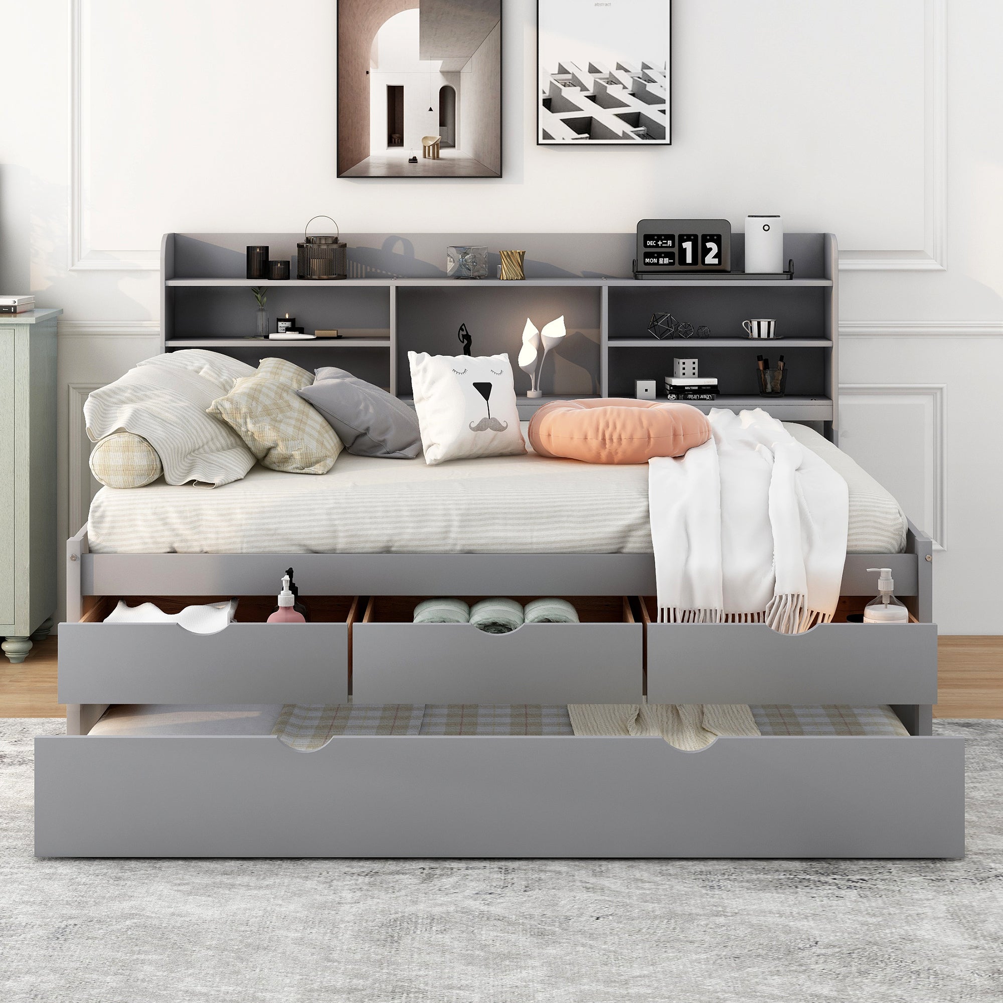Full Size Wooden Captain Bed with Built-in Bookshelves,Three Storage Drawers and Trundle,Light Grey - Atlantic Fine Furniture Melbourne FL