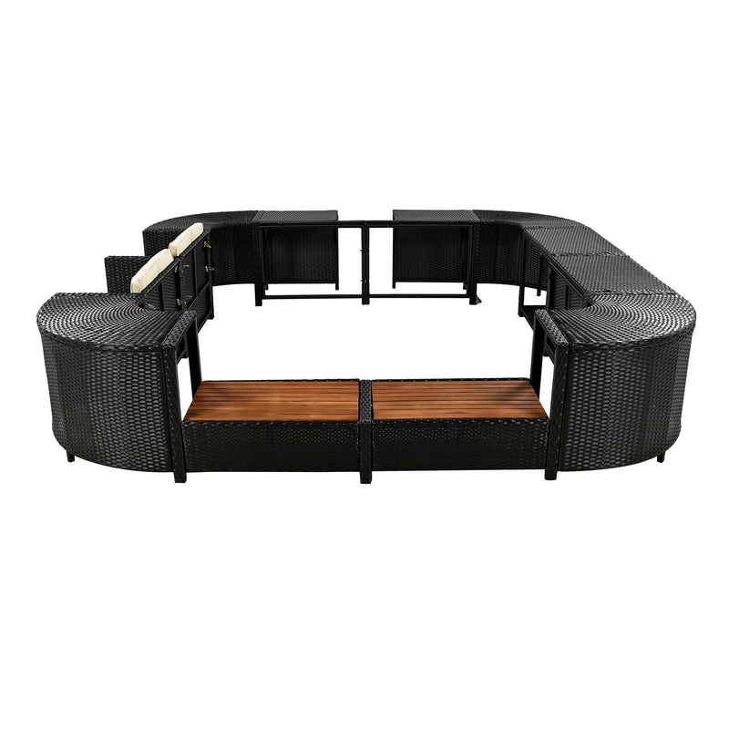 Spa Surround Spa Frame Quadrilateral Outdoor Rattan Sectional Sofa Set With Mini Sofa, Wooden Seats And Storage Spaces