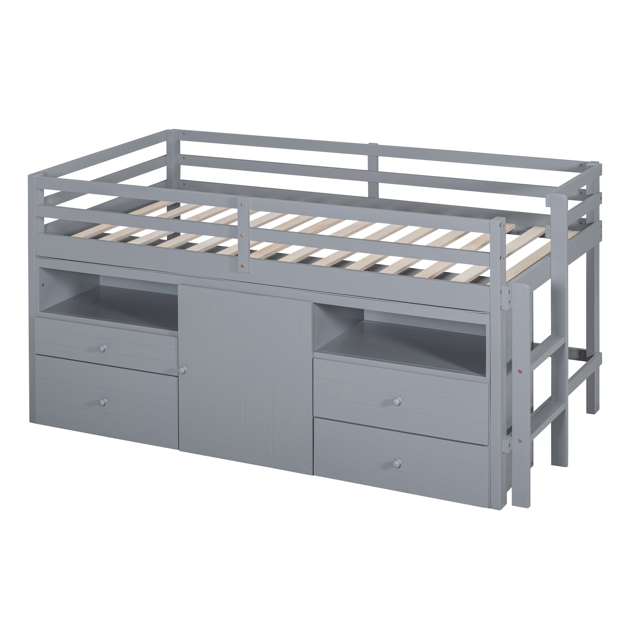 Twin Size Loft Bed with 4 Drawers, Underneath Cabinet and Shelves, Gray - Atlantic Fine Furniture Melbourne FL