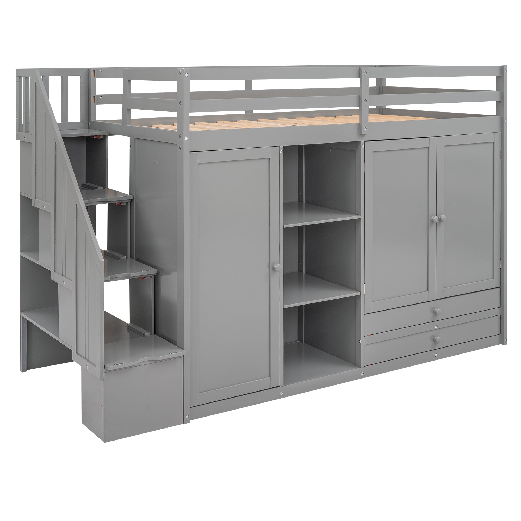 Functional Loft Bed with 3 Shelves, 2 Wardrobes and 2 Drawers,  Ladder with Storage, No Box Spring Needed, Gray - Atlantic Fine Furniture Melbourne FL