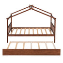 Twin Size Wooden House Bed with Twin Size Trundle, Walnut