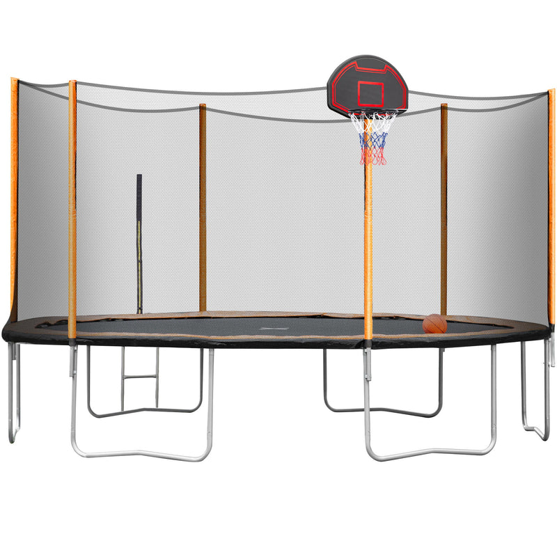 14Ft Powder-Coated Advanced Trampoline With Basketball Hoop Inflator And Ladder (Outer Safety Enclosure) - Orange