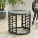 Achill - Outdoor Modern Boho Wicker Side Table With Glass Top - Gray