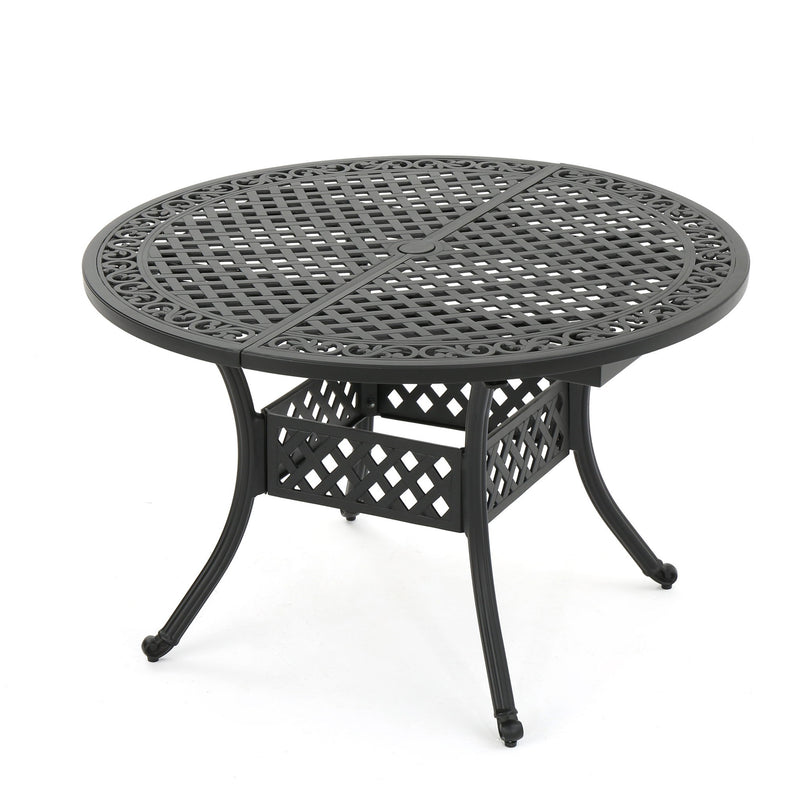 Outdoor Expandable Aluminum Dining Table With Latticework Details And Curvy Legs