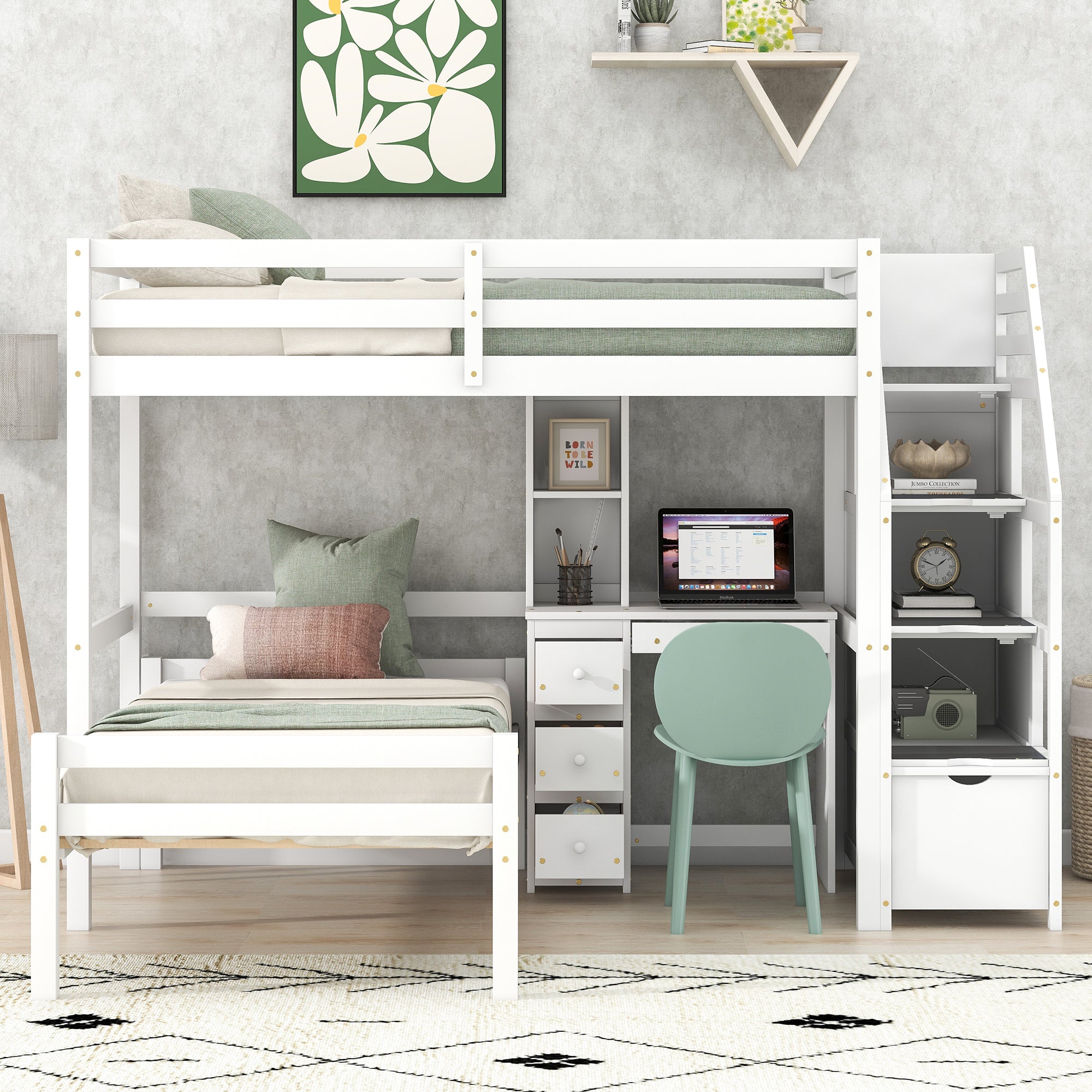 Twin Size Loft Bed with a Stand-alone Bed, Storage Staircase, Desk, Shelves and Drawers, White - Atlantic Fine Furniture Melbourne FL
