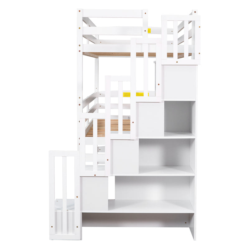 Twin Size Triple Bunk Bed with Storage Staircase,Separate Design,White