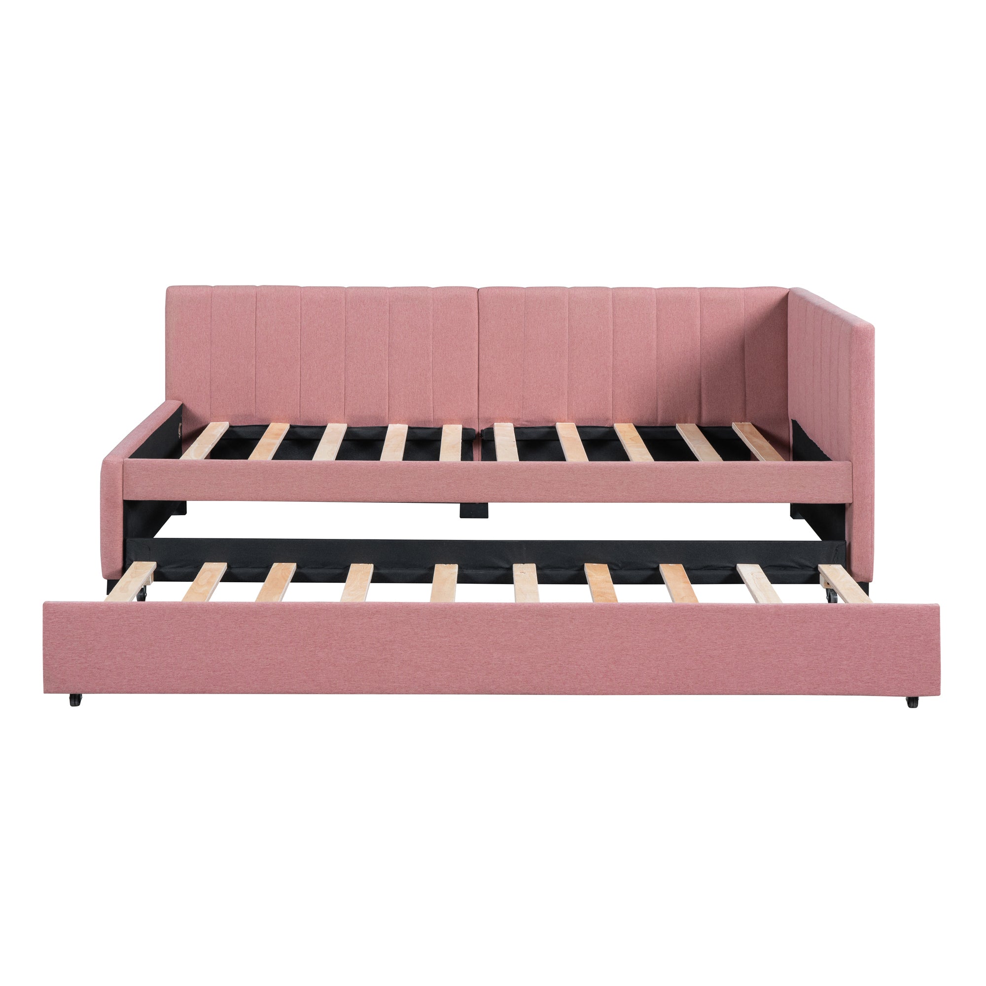 Upholstered Daybed with Trundle Twin Size Sofa Bed Frame No Box Spring Needed, Linen Fabric(Pink) - Atlantic Fine Furniture Melbourne FL