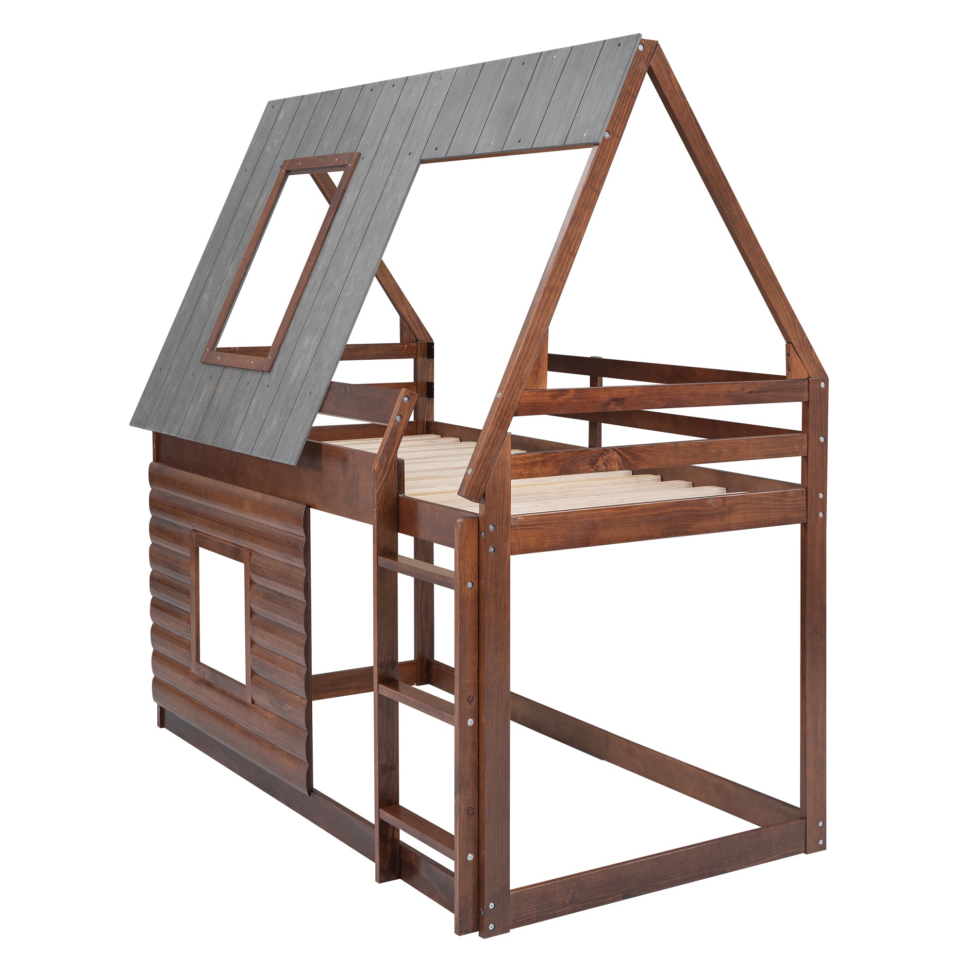 Wood Twin Size House Bunk Bed with Roof, Ladder and 2 Windows, Oak & Smoky Grey - Atlantic Fine Furniture Melbourne FL