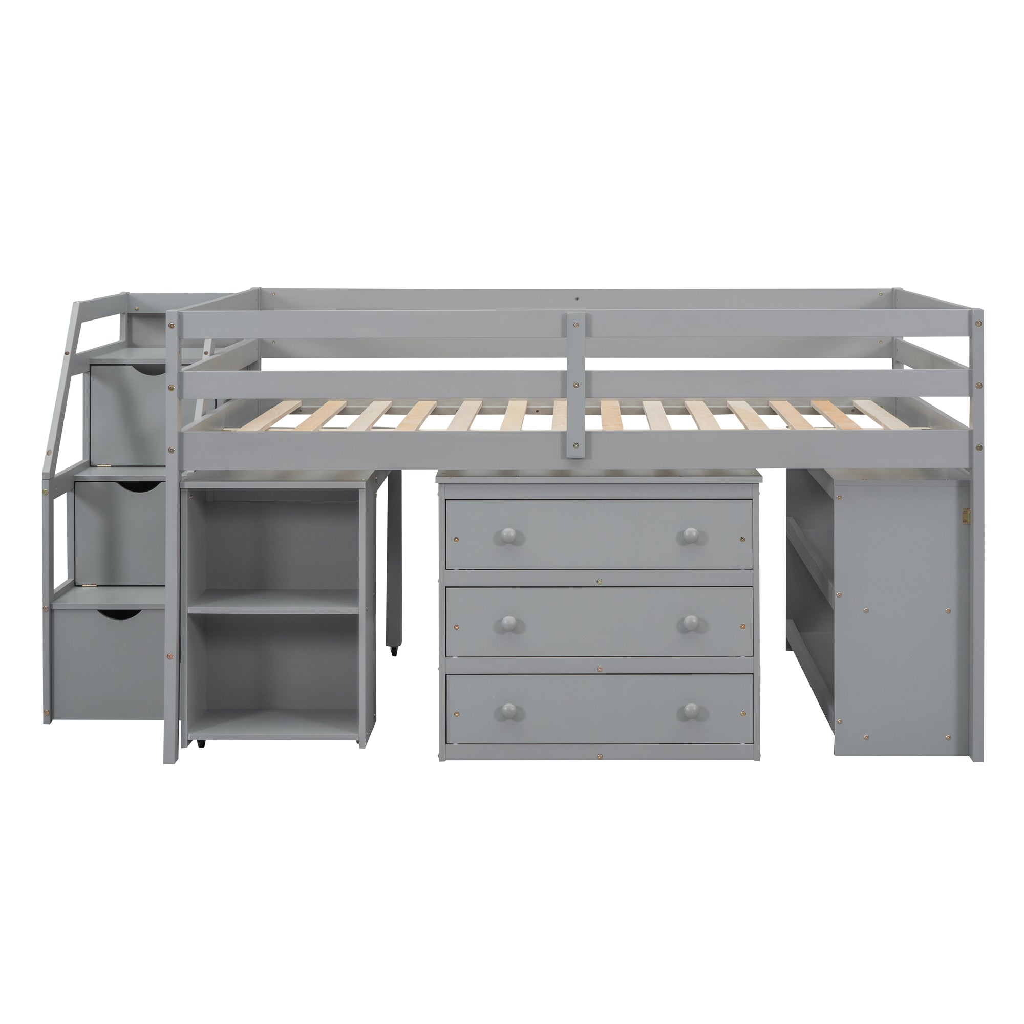 Full Size Loft Bed with Retractable Writing Desk and 3 Drawers, Wooden Loft Bed with Storage Stairs and Shelves, Gray - Atlantic Fine Furniture Melbourne FL