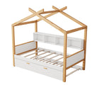 Wooden House Bed Original Wood Colored Frame With Bookshelf Storage Space