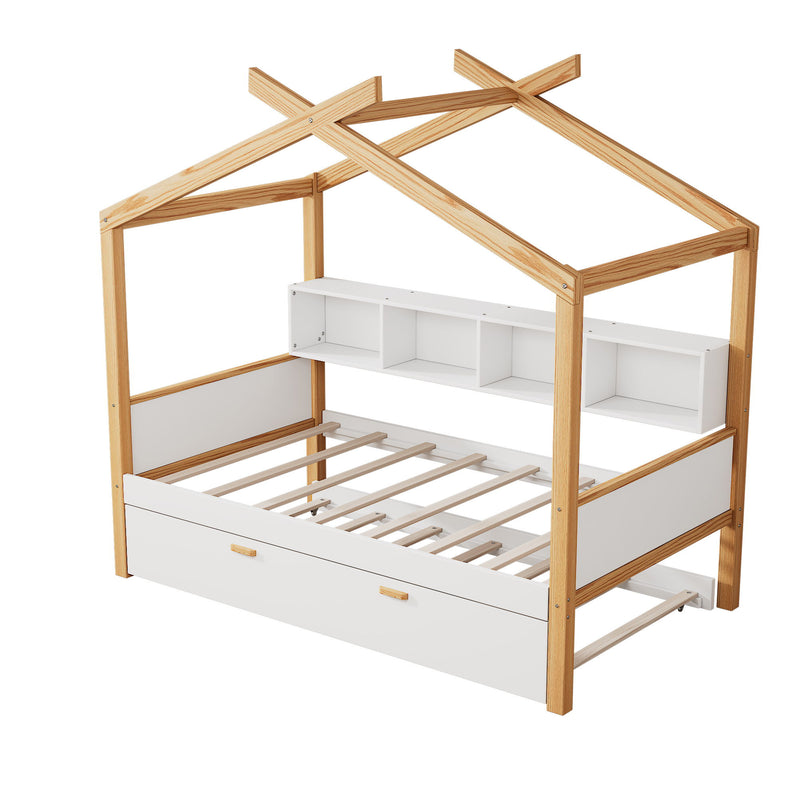 Wooden House Bed Original Wood Colored Frame With Bookshelf Storage Space