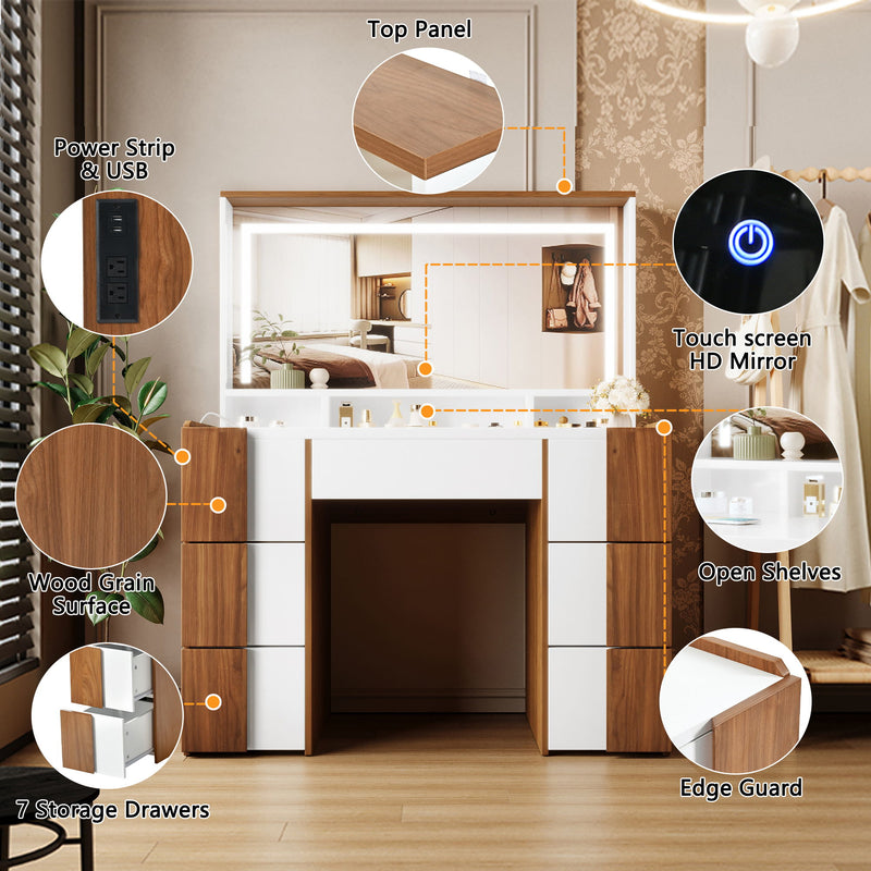 Elegant Vanity Table With Large Lighted Mirror & Power Outlet, Dressing Table With 7 Drawers & Shelves, Vanity Desk With Brown Solid Wood Style Stickers - Brown / White