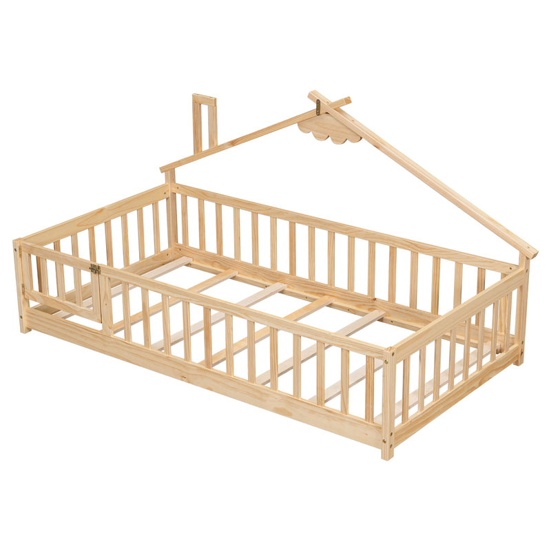 Twin House-Shaped Bedside Floor Bed with Guardrails, Slats, with Door,Natural